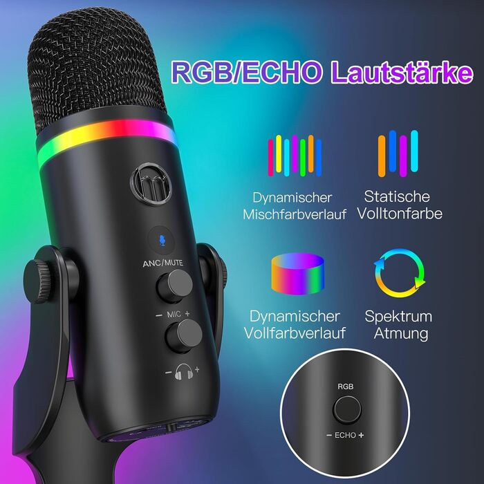 USB мікрофон Zealsound RGB для ПК, iPhone, стримінгу, YouTube, Discord, PS5, Mac. Підтримка USB-C та Lightning, шумозаглушення, Plug & Play