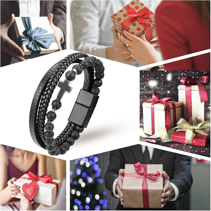 Чоловічий шкіряний браслет з хрестом, розарій, чорний/коричневий, аксесуар для чоловіків та хлопців