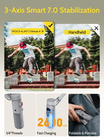 Стабілізатор для смартфона AOCHUAN з 3 осями, для iPhone 16/15 Pro та Android, з розпізнаванням обличчя, 1/4
