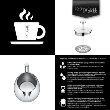 Френч-прес 720°DGREE Sunrise 1 л з нержавіючої сталі, BPA-free, прес-фільтр для кави, елегантна кавоварка на 4-8 чашок