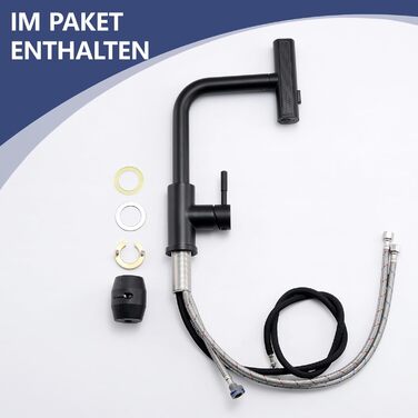 Кухонний змішувач AIMADI висувний, чорний, з 3-сторонньою душовою насадкою, 38 см шланг, однорідний міксер для холодної та гарячої води, для раковини та кухонного острова, водоспад, чорний