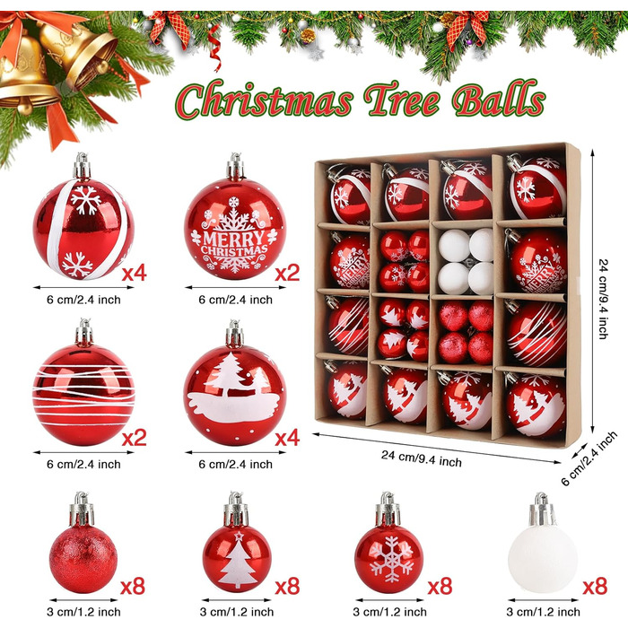 Ялинкові кулі Ilauke, 44 шт. Пластикові кулі червоно-білі, 3 та 6 см. Декорації для ялинки, прикраси на свята, для дому, вечірки, весілля, Різдво.