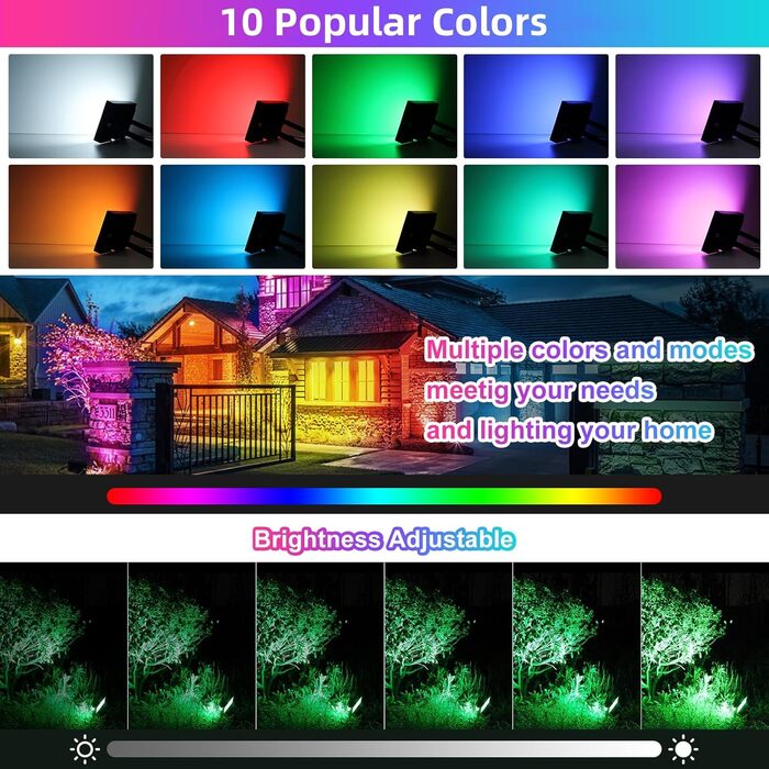 MEIKEE 60W RGB Floodlight with Remote Control, 30 Modes, 10 Colors, Timer, RGB Floodlight, IP66 Waterproof, 6 Brightness Levels, Spotlight, Colorful, Christmas, Halloween, Party, LED Floodlight, Decorative, 2 Pieces (1pc)