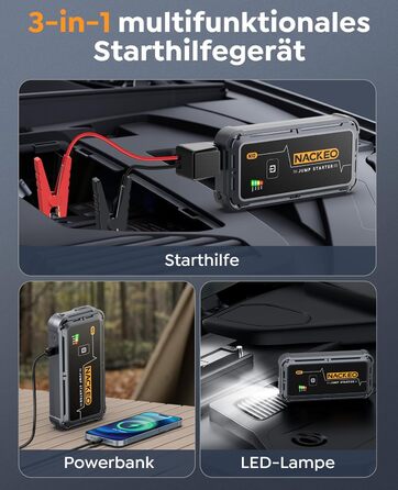 Портативний акумулятор Starthilfe для автомобіля, 12V, бустер для запуску двигуна (бензин до 10L, дизель), з кабелями та LED ліхтариком, для SUV, вантажівок, мотоциклів (5000A)