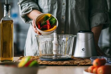 Електричний подрібнювач Family Care для кухні: 3 титанові леза, 300W, скляна чаша 600 мл, подрібнювач м'яса, цибулі, овочів, горіхів, льоду. Багатофункціональний.