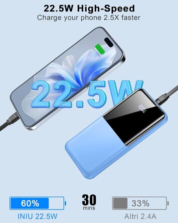 Power Bank 10000mAh, 22.5W, PD USB-C, для iPhone, Samsung та інших, чорний/синьо-чорний
