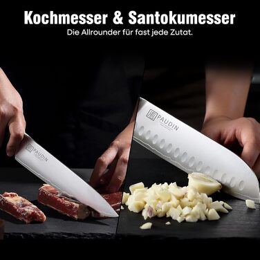 Набір кухонних ножів PAUDIN 4 шт: кухонний ніж, саторі, універсальний ніж, ніж для овочів. Професійний, гострий, з нержавіючої сталі 10Cr15CoMoV (твердість 62 HRC), з ергономічною дерев'яною ручкою