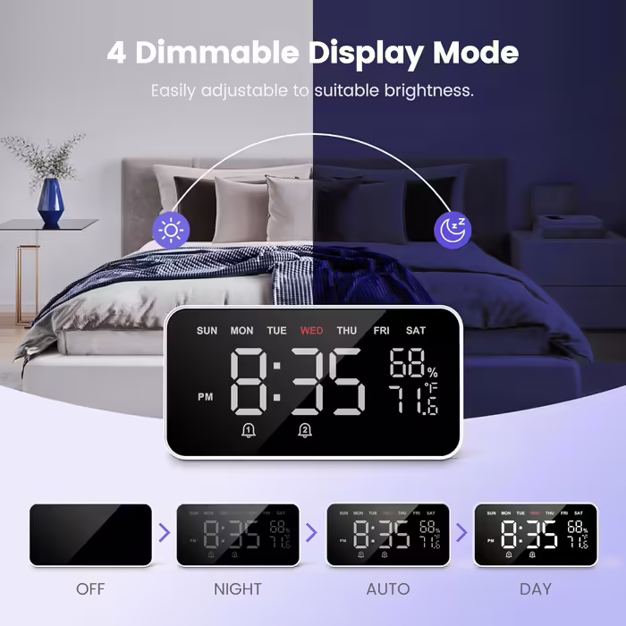Dekala LED Digital Alarm Clock with Dual Alarms, Temperature & Humidity Sensor, Nightstand Function with Snooze, 12/24h Format, Large Automatically Dimming Display and Digitally Powered Clock