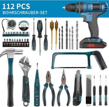 Акумуляторний шурупокрут Bogseth 21V з набором інструментів 112 шт. для дому та саду