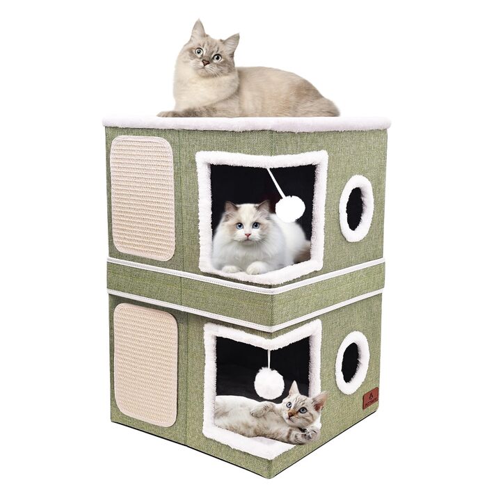 Кішка ліжко для дому, будиночок-печери з когтеточкою та м'ячиком, складане ліжко-куб для котів, притулок для кількох котів (зелений, double)