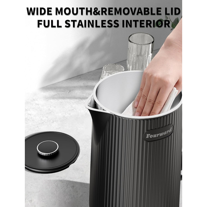 Електричний чайник Fourward - чорний, 1.7л, 2200W, з нержавіючої сталі, BPA-free, подвійні стінки