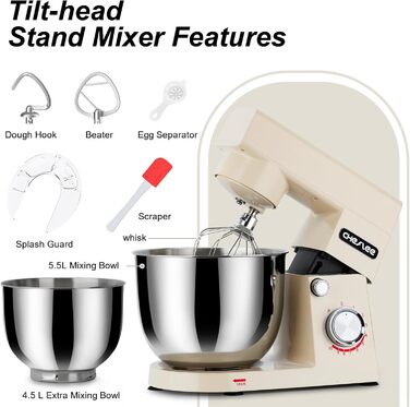 Кухонний комбайн Cheflee 1500W з місткими чашами 4.5 та 5.5L з нержавіючої сталі, 10+ швидкостей, з гаками для тіста, вінчиком та насадками для збивання, з кришкою-розбризкувачем