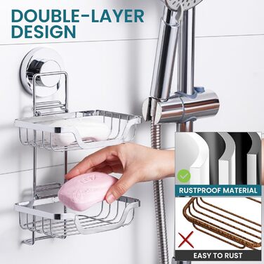 TAILI Shower Soap Dish with Drain and Hook, MAX Holds 5 KG, Stainless Steel Soap Dishes No Drilling Required, Bathroom Soap Holder Wall Mount, Double Soap Holder with Suction Cup, Sponge Holder, Silver