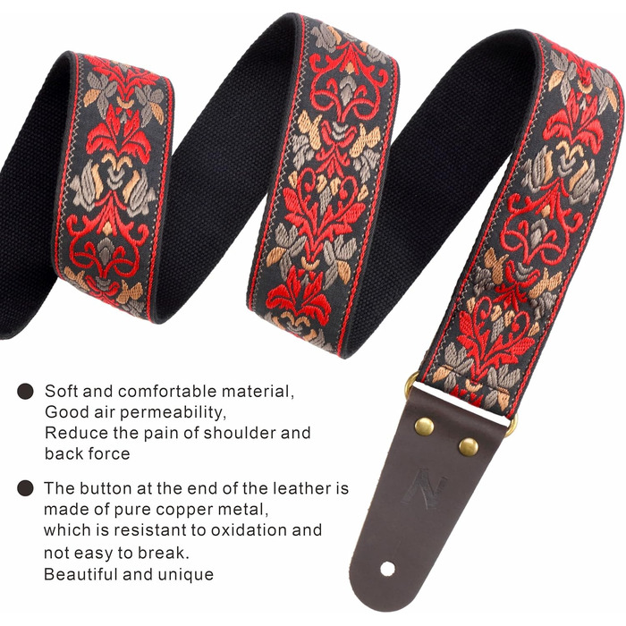 Гітарний ремінь Nefelibata: 2 шт., вишиті, з повним шкіряним краєм, прихованою кишенею, для бас-, електро- та акустичних гітар, безкоштовна пряжка, замок та медіатори. Червоний ретро-квітка