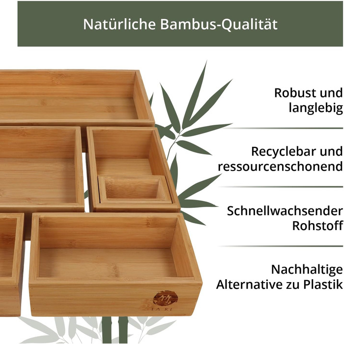 TAKE® 6-Piece Drawer Organizer Set made of 100% Natural Bamboo - Boxes in various sizes for Kitchen, Bathroom & Office, Vanity Organizer, Drawer Organizer