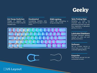 Механічна ігрова клавіатура Geeky GK61: 61 клавіша, RGB підсвічування, Hot-Swap, ANSI US Layout