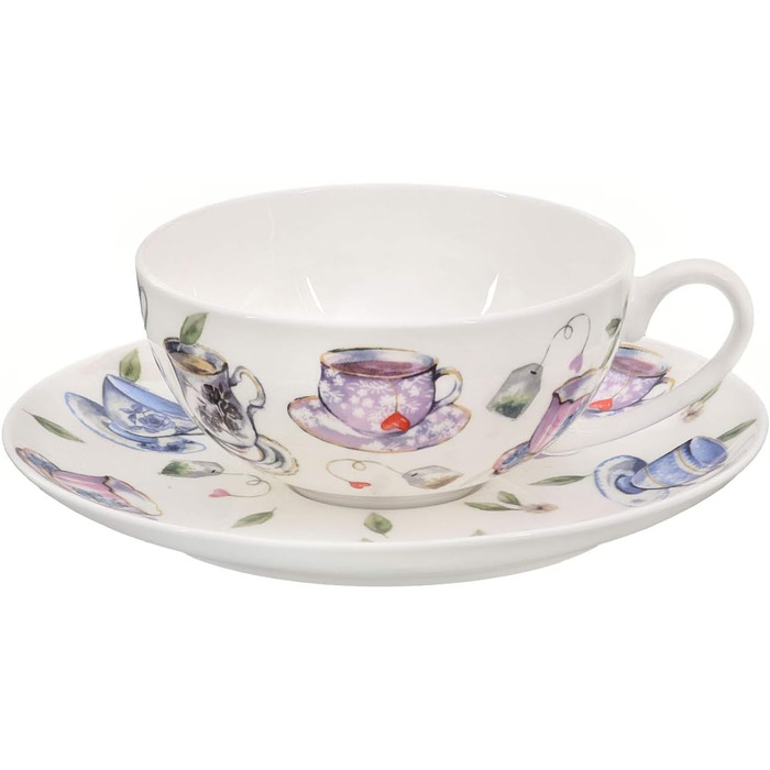 Tea cup set made of fine bone china porcelain. 6 teacups, each 150ml, and 6 saucers with a stylish cup design.