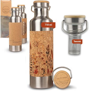 Stainless Steel Water Bottle 750ml - Sustainable, insulated Thermo Water Bottle made of Stainless Steel, leak-proof - Iso Bottle without harmful substances, BPA-free - Thermos Drinking Bottle (Floral Print) (Flowers (Print) + Tea Strainer)