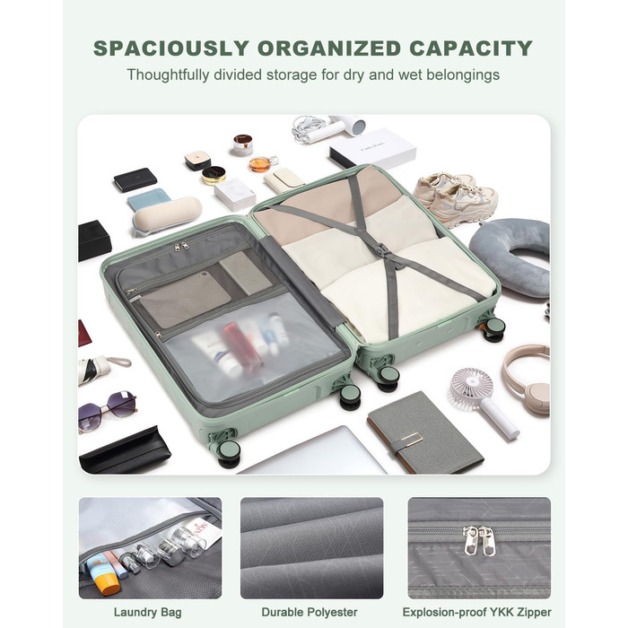 Набір валіз Sea Choice 5-ти частинний з ABS-пластику, твердий корпус, тріумф у подорожах, велика місткість, ручна поклажа, 4 колеса, TSA-замок, містить 1 сумку та 1 косметичку, колір: м'ятно-зелений