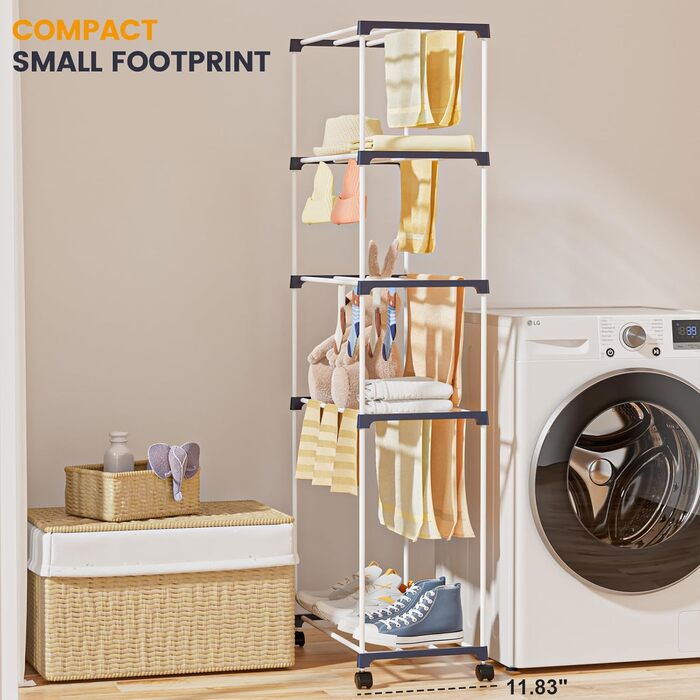 Сушарка для білизни мобільна 5-ярусна, підлогова, для ванної кімнати, квартири, пральні - компактна, на колесах