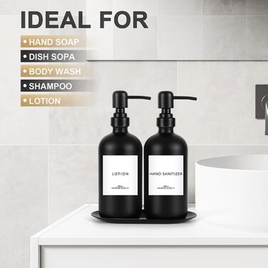 Набір дозаторів для мила Lannvan, скло, 500 мл, чорний матовий, для ванної кімнати та кухні, з підносом та етикетками