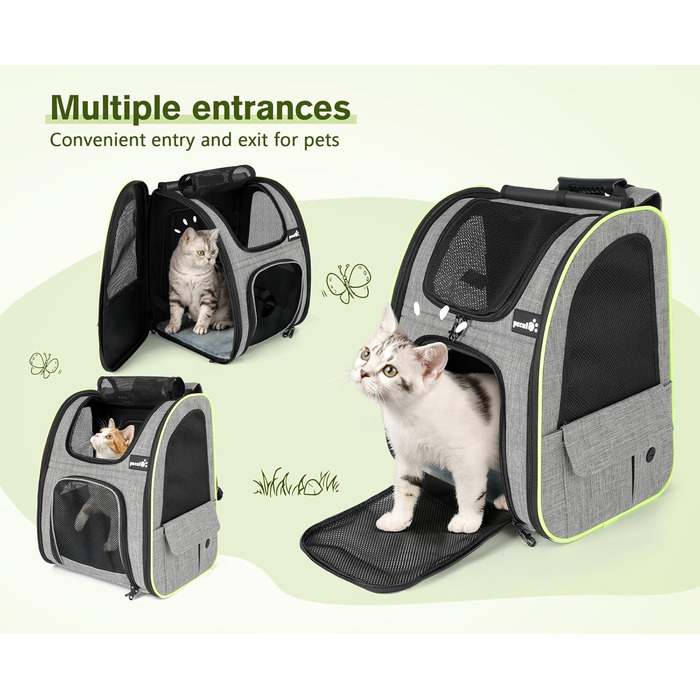 Рюкзак для тварин Pecute з сіткою, розширюваний, для котів та собак, з верхнім віконцем-шторкою, дихаючий, водонепроникний, ідеальний для подорожей, сірий (L)