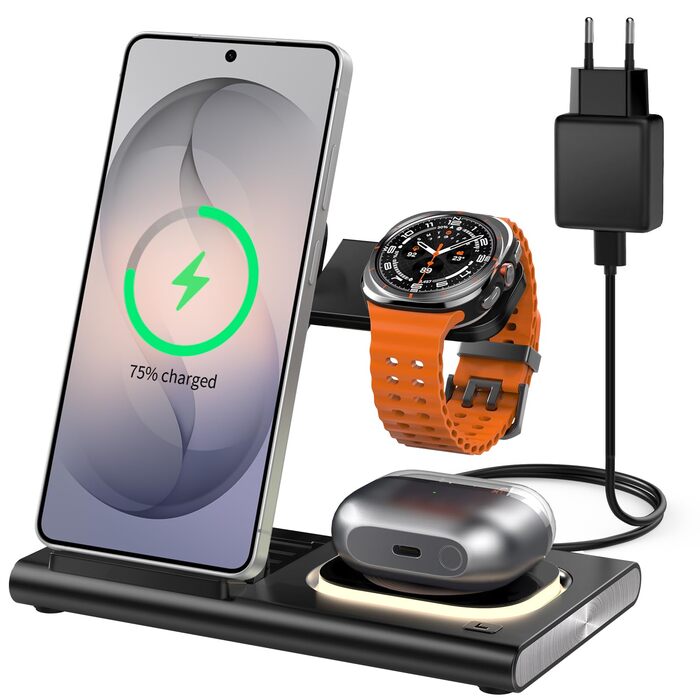 Бездротовий зарядний пристрій 3-в-1 для Samsung Galaxy: S26/S25/S24/S23, Z Flip/Fold, Galaxy Watch Ultra/8/7/6/5/4, Galaxy Buds - Чорний