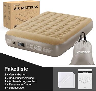 Надувне ліжко Lewondr на 2 особи з вбудованим насосом, комфортна повітряна матрац, самонадувна ліжко для кемпінгу, дому, гостей, подорожей (300 кг MAX), (203x152x33 см, Хакі)