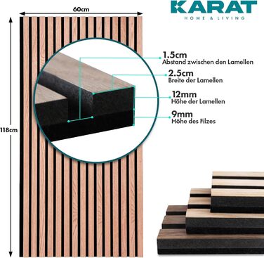 Акустичні настінні панелі KARAT з натурального шпону червоного дуба (Red Oak), ламелі з дерева та фетру для шумоізоляції та звукопоглинання, 118 x 60 см