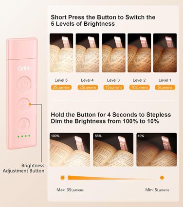 LED-лампа для читання Gritin з USB-зарядкою, кріпленням на книгу, регулюванням яскравості та кольору, для книголюбів (білий/рожевий)