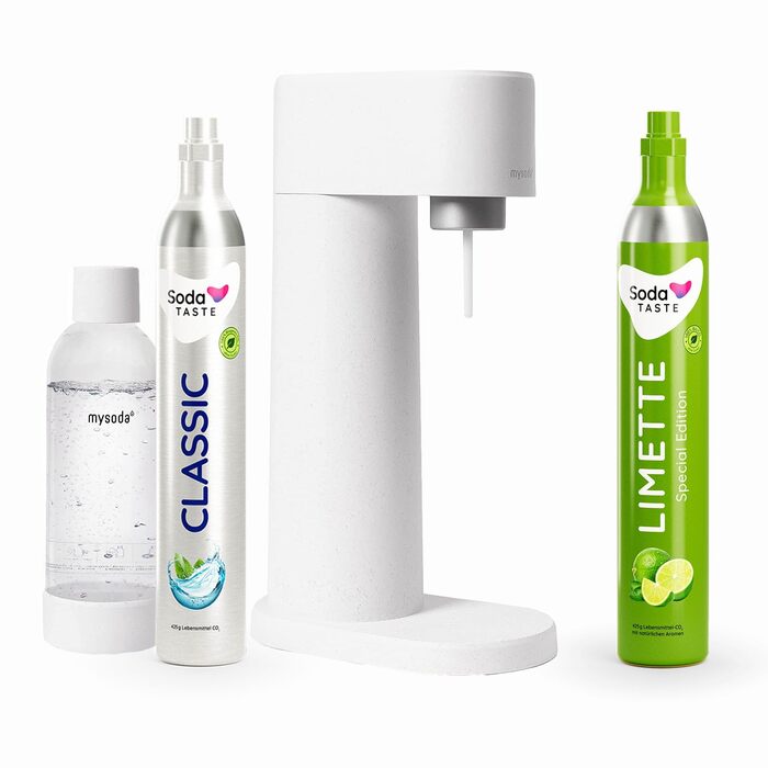 SodaTASTE Mysoda Woody – карбонізатор води з екологічного деревного композиту, 1л BPA-free пляшка, 2 x CO2 циліндри (класичний + лайм), білий