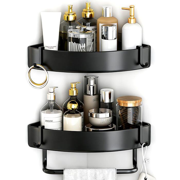 Поличка для душу з 2 рівнями, кутова, без свердління, з нержавіючої сталі, з тримачем для рушників та 2 гачками, чорна, для ванної, кухні, туалету