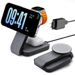 Сумка-органайзер для Apple Watch та iPhone з MagSafe, чорна: зарядка 3-в-1 для iPhone 17, 16, 15, 14, 13, 12 Pro Max