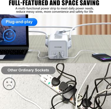 Блок розеток з USB-C, 4 розетки, плоский штекер, індивідуальне вмикання, куб з 2м плетеного кабелю для офісу, дому, подорожей - Білий 002-MF (12 розеток 2M - Білий)