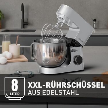 Кухонна машина Heinrichs з подвійним гаком для тіста, міксер, 2500W, 8L чаша з нержавіючої сталі, 8 швидкостей, тиха робота, колір 