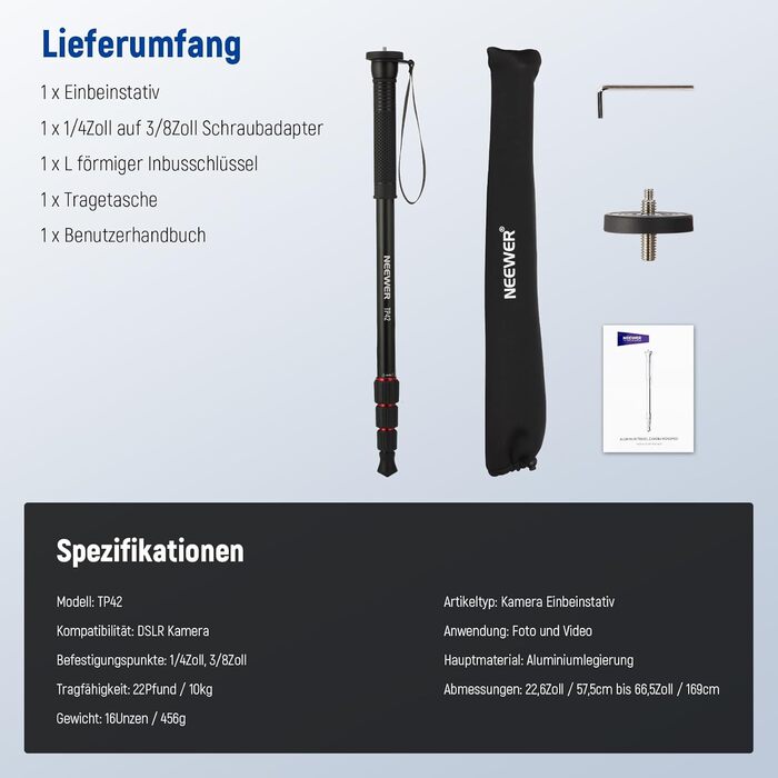 NEEWER Монопод 155 см для камери: легкий, портативний, з адаптерами 1/4' та 3/8' для DSLR та відеокамер, витримує до 8 кг