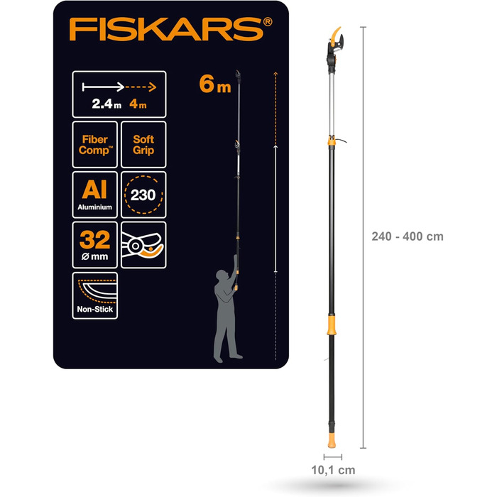 Телескопічний сучкоріз Fiskars UPX86 для свіжих гілок, антиадгезійне покриття, сталева лезо, алюмінієва ручка, 2,4–4 м, чорний/помаранчевий