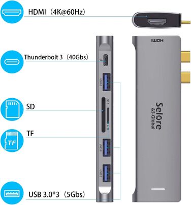 Док-станція USB-C з підтримкою 2 моніторів 4K, DisplayPort, USB3.1, RJ45, 100W PD, картрідер, аудіо/мікрофон, для ноутбуків Dell HP (7 в 2, сірий)