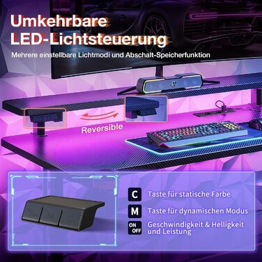 Small LED Gaming Desk with Power Outlets - Carbon Fiber PC Gamer Table 80cm/100cm