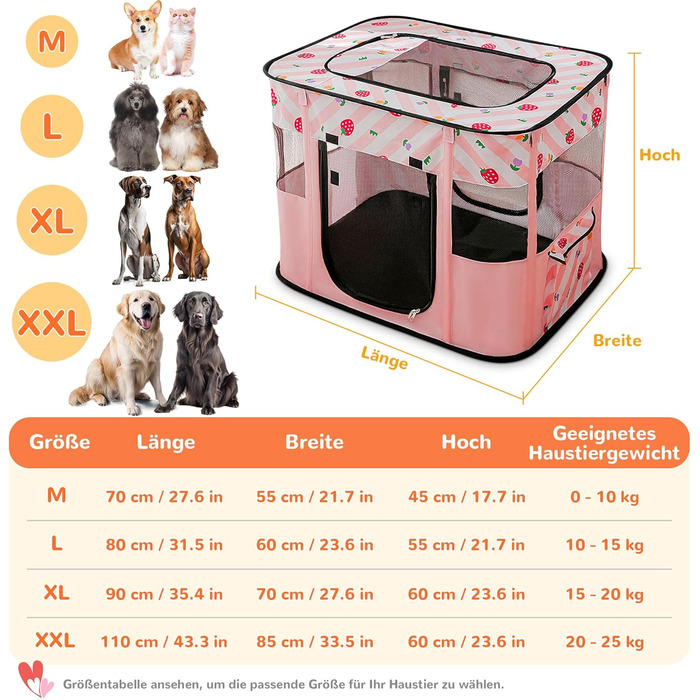 Портативний вольєр для цуценят та котів ALLSOPETS - складаний, для дому, вулиці, подорожей (Рожевий з полуничками, M)