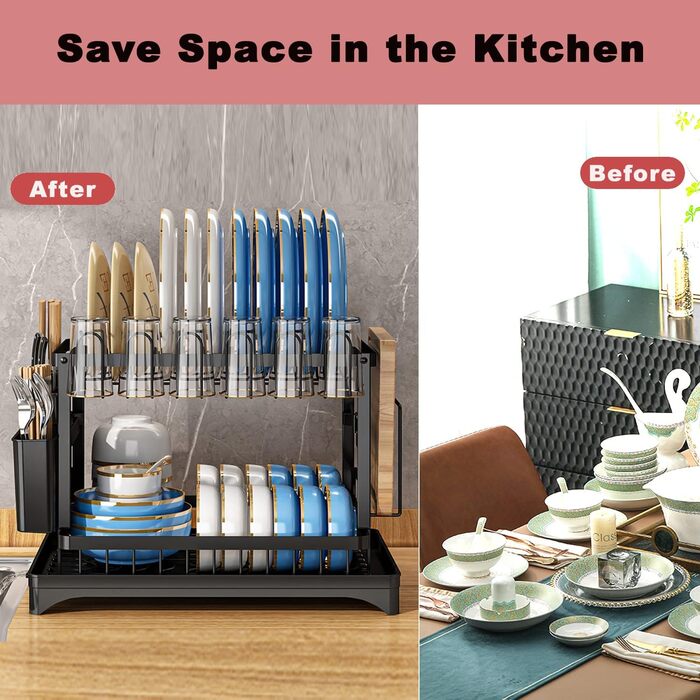 Сушарка для посуду Moufier з 2 ярусами, з піддоном та тримачем для кухонного приладдя, нержавіюча сталь