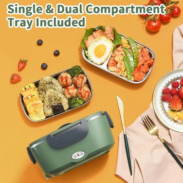 Electric Lunch Box 100W, 3-in-1 Portable Heated Lunch Box, Removable Stainless Steel Lunch Container, 12V/24V/220V Insulated Food Warmer for Car/Truck/Office, With Insulated Bag and Sponge (Green, 1.5 L)