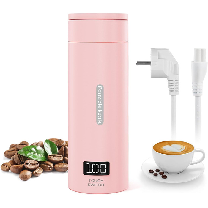 Flintronic Travel Electric Kettle, 380ML Mini Electric Kettle, 220 V / 300W Thermos Flask, 304 Stainless Steel Liner, Small Portable Electric Kettle with Automatic Shut-off (B-rosa-a-380ml)