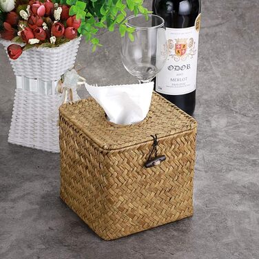 BSTKEY Household Cube, Seagrass Face Towel Box, Decorative Woven Paper Holder, Original Color, Yellow, 35.6 x 35.6 x 33 cm