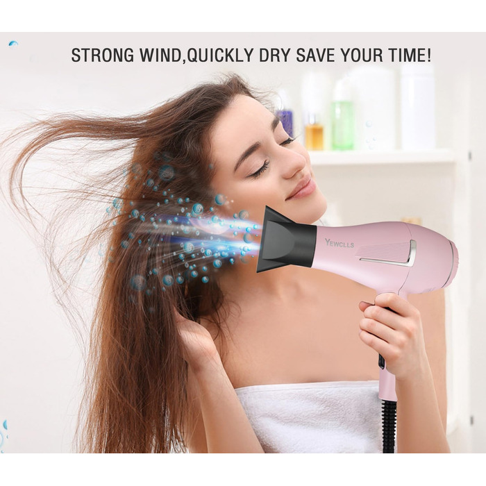 Професійний іонний фен для волосся Salon 2100W з дифузором та насадками, 3 режими температури, 2 швидкості, рожевий