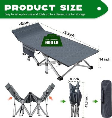 Розкладне ліжко ZIKEBTUY для кемпінгу та відпочинку: міцне, з матрацом, 200 кг, 190x71x36 см