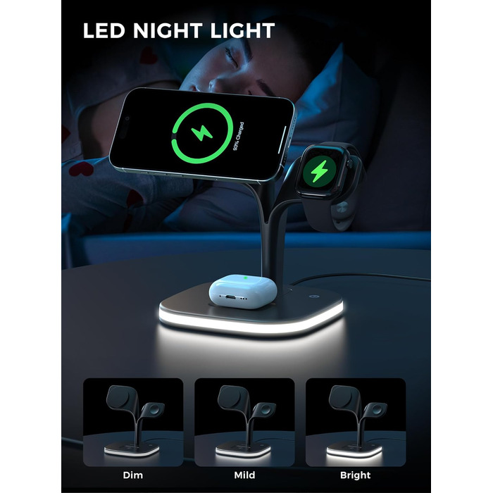 Зарядна станція 3 в 1 для Apple Watch та iPhone з MagSafe, сумісна з iPhone 17 Air 16 15 14 13 12, Apple Watch 11 10 9 8 7 6 5 4 3 2 SE Ultra, AirPods Pro/4/3/2, білий (чорний)