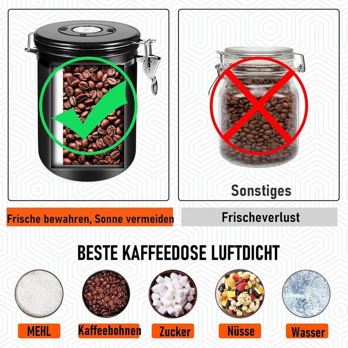 Герметичний контейнер для кави 1 кг: нержавіюча сталь, вікно, датчик дати, мірна ложка 30 мл, CO₂-вентиль, для кавових зерен, чаю, цукру
