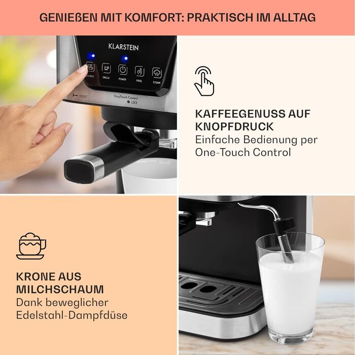 Klarstein Espresso Siebträgermaschine: компактна кавомашина для еспресо з молочною піною, 1,8 л, 20 бар, нержавіюча сталь, 1350 Вт