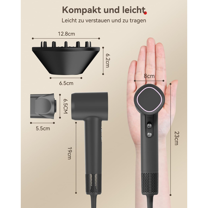 Фен з дифузором, потужний фен з мотором 160 000 об/хв, іонізатор, 500 млн негативних іонів, для подорожей та дому (сірий), сірий дифузор